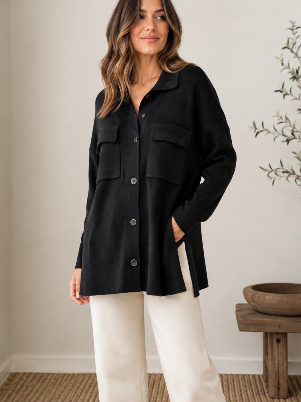 NWOT Mus & Bombon Black Ribbed Knit Oversized Shirt Jacket L